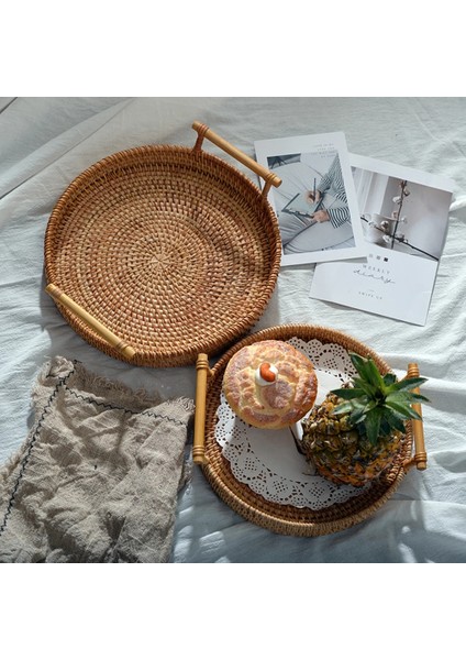 S Tarzı Rattan Saklama Tepsisi Saplı Yuvarlak Sepet El Dokuması Rattan Tepsi Hasır Sepet Ekmek Meyve Yemek Kahvaltı Teşhir L (Yurt Dışından) modelleri