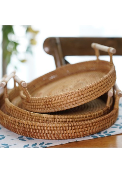 S Tarzı Rattan Saklama Tepsisi Saplı Yuvarlak Sepet El Dokuması Rattan Tepsi Hasır Sepet Ekmek Meyve Yemek Kahvaltı Teşhir L (Yurt Dışından) fırsatları