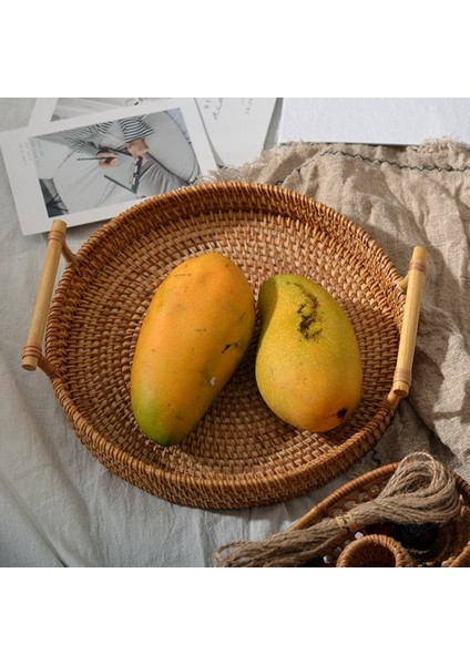 S Tarzı Rattan Saklama Tepsisi Saplı Yuvarlak Sepet El Dokuması Rattan Tepsi Hasır Sepet Ekmek Meyve Yemek Kahvaltı Teşhir L (Yurt Dışından) indirimleri