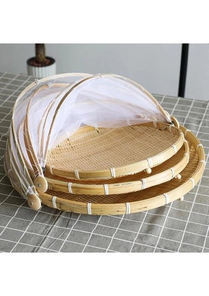 Yuvarlak S Tarzı Bambu Çadır Sepeti El Dokuma Tepsi Anti Bug Gıda Meyve Kabı Net Örgü Kapak El Dokuma Anti Bug Toz Geçirmez (Yurt Dışından)