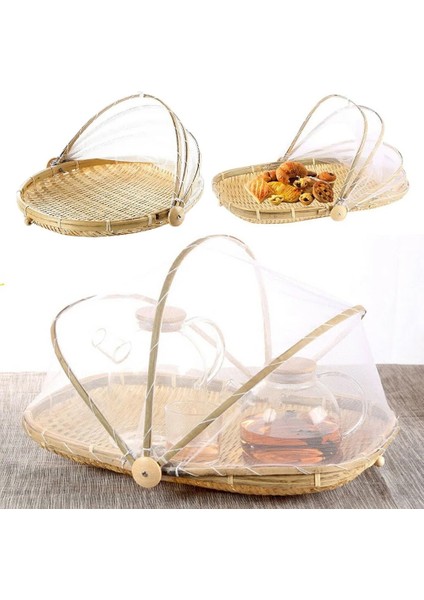 Yuvarlak S Tarzı Bambu Çadır Sepeti El Dokuma Tepsi Anti Bug Gıda Meyve Kabı Net Örgü Kapak El Dokuma Anti Bug Toz Geçirmez (Yurt Dışından)