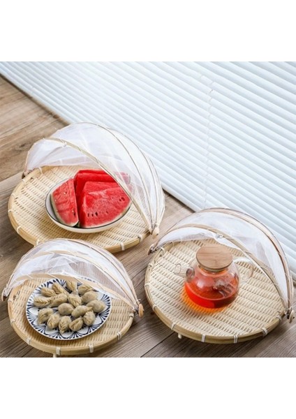 Yuvarlak S Tarzı Bambu Çadır Sepeti El Dokuma Tepsi Anti Bug Gıda Meyve Kabı Net Örgü Kapak El Dokuma Anti Bug Toz Geçirmez (Yurt Dışından)