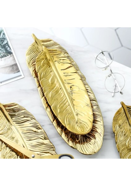Altın - 10 Inç Stili Glod Rim ile Lüks Seramik Tabak Depolama Tepsisi Yeşil Yaprak Tüy Takı Makyaj Fırçası Dekoratif Suşi Tabağı (Yurt Dışından)