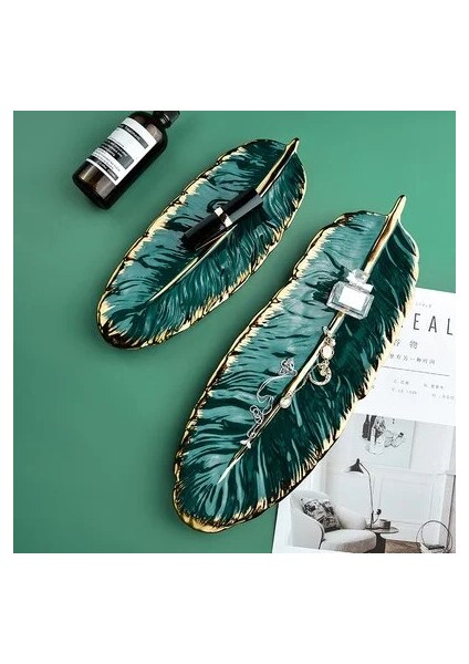 Altın - 10 Inç Stili Glod Rim ile Lüks Seramik Tabak Depolama Tepsisi Yeşil Yaprak Tüy Takı Makyaj Fırçası Dekoratif Suşi Tabağı (Yurt Dışından) fiyatları