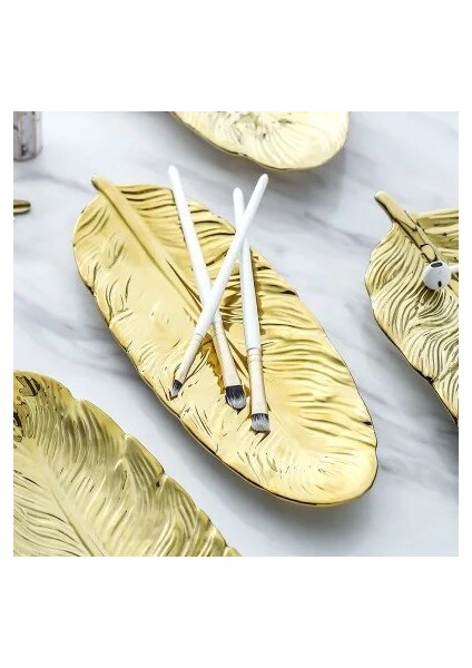 Altın - 10 Inç Stili Glod Rim ile Lüks Seramik Tabak Depolama Tepsisi Yeşil Yaprak Tüy Takı Makyaj Fırçası Dekoratif Suşi Tabağı (Yurt Dışından) modelleri