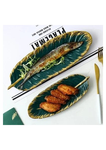 Altın - 10 Inç Stili Glod Rim ile Lüks Seramik Tabak Depolama Tepsisi Yeşil Yaprak Tüy Takı Makyaj Fırçası Dekoratif Suşi Tabağı (Yurt Dışından) fırsatları