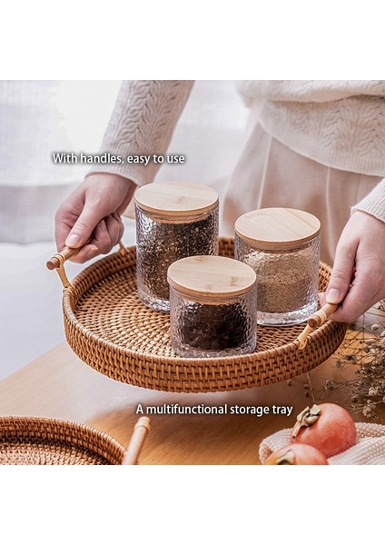 Bs Stili Yazın Ahşap Saplı El Dokuması Rattan Depolama Tepsisi Yuvarlak Hasır Sepet Ekmek Yemek Tabağı Meyve Kek Tabağı Akşam Yemeği Servis Bambu (Yurt Dışından)