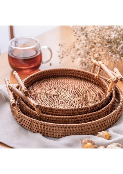 Bs Stili Yazın Ahşap Saplı El Dokuması Rattan Depolama Tepsisi Yuvarlak Hasır Sepet Ekmek Yemek Tabağı Meyve Kek Tabağı Akşam Yemeği Servis Bambu (Yurt Dışından)