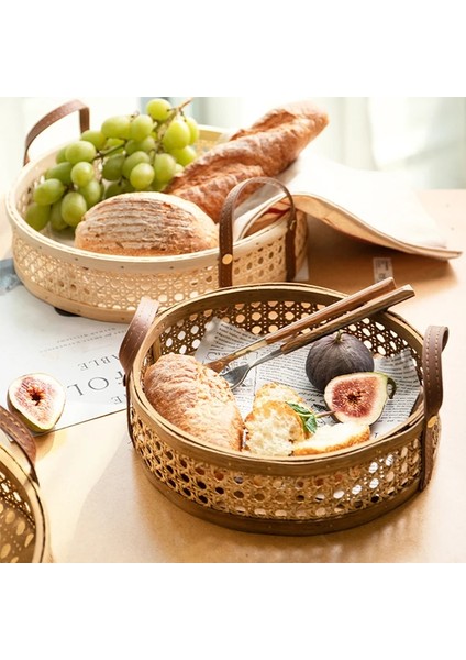 Stil1-M Stili Ahşap Saplı El Dokuması Rattan Depolama Tepsisi Yuvarlak Hasır Sepet Ekmek Yemek Tepsisi Meyve Çay Kahve Servis Klasik Bambu (Yurt Dışından)