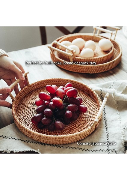 Mor Tarzı Ahşap Saplı El Dokuması Rattan Depolama Tepsisi Yuvarlak Hasır Sepet Ekmek Yemek Tabağı Meyve Kek Tabağı Akşam Yemeği Servis Bambu (Yurt Dışından)