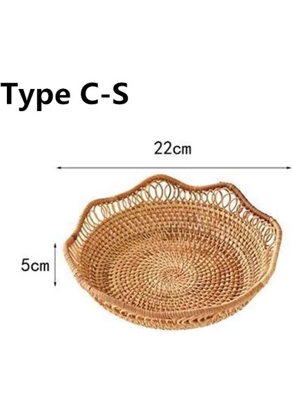 Cs Stili Yazın Ahşap Saplı El Dokuması Rattan Depolama Tepsisi Yuvarlak Hasır Sepet Ekmek Yemek Tabağı Meyve Kek Tabağı Akşam Yemeği Servis Bambu (Yurt Dışından)