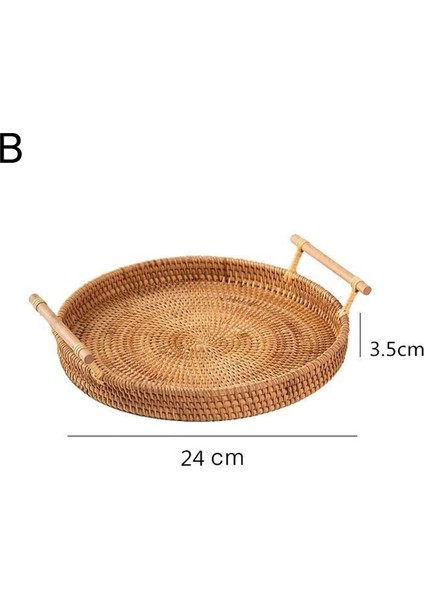 Kırmızı Stil Ahşap Saplı El Dokuması Rattan Depolama Tepsisi Yuvarlak Hasır Sepet Ekmek Yemek Tabağı Meyveli Kek Tabağı Akşam Yemeği Servis Tepsisi (Yurt Dışından)