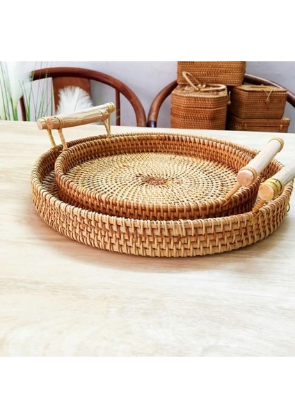 Kırmızı Stil Ahşap Saplı El Dokuması Rattan Depolama Tepsisi Yuvarlak Hasır Sepet Ekmek Yemek Tabağı Meyveli Kek Tabağı Akşam Yemeği Servis Tepsisi (Yurt Dışından) fiyatları