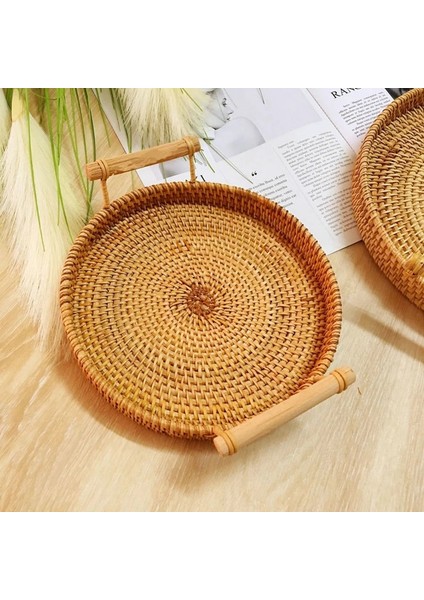 Kırmızı Stil Ahşap Saplı El Dokuması Rattan Depolama Tepsisi Yuvarlak Hasır Sepet Ekmek Yemek Tabağı Meyveli Kek Tabağı Akşam Yemeği Servis Tepsisi (Yurt Dışından) modelleri