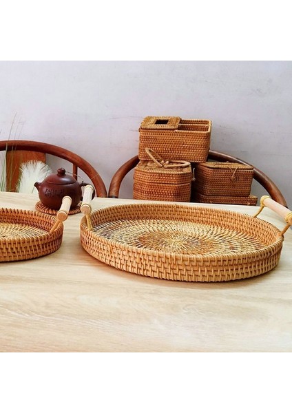 Kırmızı Stil Ahşap Saplı El Dokuması Rattan Depolama Tepsisi Yuvarlak Hasır Sepet Ekmek Yemek Tabağı Meyveli Kek Tabağı Akşam Yemeği Servis Tepsisi (Yurt Dışından) indirimleri