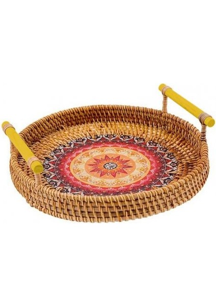 Kırmızı S Tarzı 28CM Rattan El Dokuması Yuvarlak Servis Tepsisi Ahşap Saplı Gıda Saklama Plakası Hasır Sepet Ahşap Tepsi Meyve Ekmek Sepeti (Yurt Dışından)