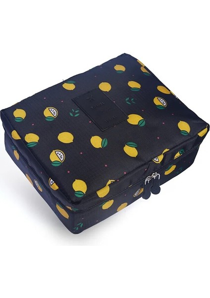 Kara Limon Stili 22X8X8CM Dn Mini Taşınabilir Kozmetik Makyaj Çantası Yıkama Organizatör Saklama Torbaları Kadın Seyahat Çift Katmanlı Güzellik Tuvalet Kılıfı Kiti Banyo Kılıfı (Yurt Dışından)