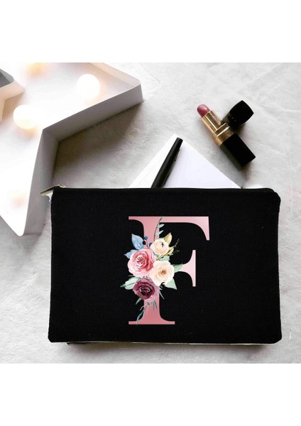 W03754-TBBK-D Stili Moda Çiçek Alfabe Mektupları Makyaj Çantası Güzellik Kadın Kozmetik Çantası Tuvalet Saklama Torbaları Siyah Ruj Çantası Komik Sevimli Çanta (Yurt Dışından)