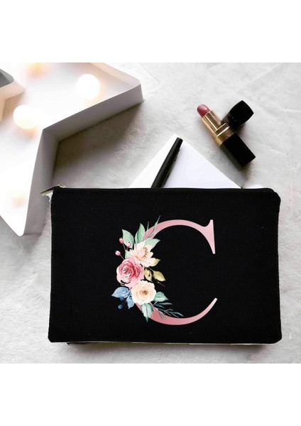 W03754-TBBK-D Stili Moda Çiçek Alfabe Mektupları Makyaj Çantası Güzellik Kadın Kozmetik Çantası Tuvalet Saklama Torbaları Siyah Ruj Çantası Komik Sevimli Çanta (Yurt Dışından) indirimleri