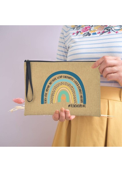 Q03070-A012BR-S Stili Moda Gökkuşağı Öğretmen Kozmetik Fermuarlı Çanta Keten Büyük Makyaj Ruj Organizatör Rahat Kılıf Çantalar Kalem Çantaları Seyahat Çanta (Yurt Dışından) fırsatları