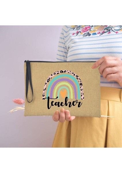 Q03070-A012BR-S Stili Moda Gökkuşağı Öğretmen Kozmetik Fermuarlı Çanta Keten Büyük Makyaj Ruj Organizatör Rahat Kılıf Çantalar Kalem Çantaları Seyahat Çanta (Yurt Dışından) indirimleri