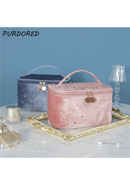 A-Pembe Stili Yazın Purdored Altın Yıldız Kozmetik Çantası Kadın Fermuar Eski Kadife Makyaj Çantası Düz ​​renk Kadın Seyahat Makyaj Güzellik Kılıfı (Yurt Dışından) fiyatları