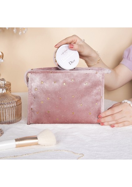 A-Pembe Stili Yazın Purdored Altın Yıldız Kozmetik Çantası Kadın Fermuar Eski Kadife Makyaj Çantası Düz ​​renk Kadın Seyahat Makyaj Güzellik Kılıfı (Yurt Dışından) indirimleri