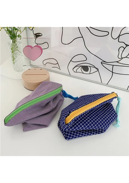 Mor Ekose Stili Moda Ekose Kozmetik Çantası Pamuklu Kumaş Kadın Seyahat Makyaj Çantaları Fermuar Kılıfı Japonya Tarzı Kadın Tuvalet Yıkama Torbası Yeni (Yurt Dışından) fırsatları