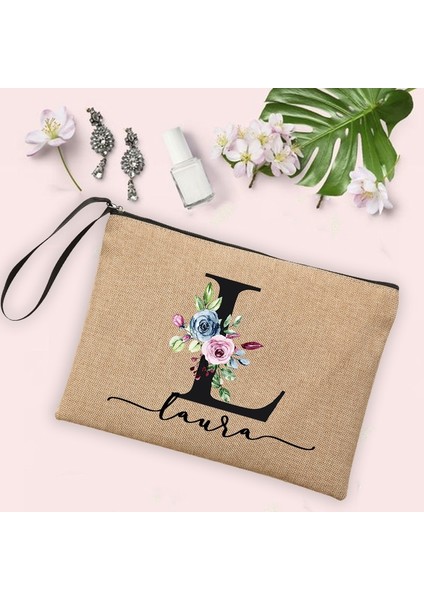 Beyaz Stil Çiçek Ilk Harf Özel Ad Kozmetik Çantası Kadın Neceser Makyaj Çantası Keten Fermuar Kılıfı Seyahat Tuvalet Organizatör Mujer Bolsa (Yurt Dışından) fırsatları