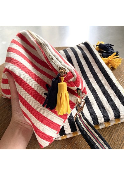 Kırmızı Stil Kozmetik Çantası Kadın Çizgili Makyaj Çantası Organizatör Kore Püskül Kozmetik Çantası Necesserie Seyahat Tuvalet Çantası Tuval Güzellik Çantası (Yurt Dışından) fırsatları