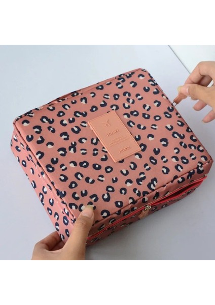 Pembe Leopar Stili 22X8X8CM Dn Mini Taşınabilir Kozmetik Makyaj Çantası Yıkama Organizatör Saklama Torbaları Kadın Seyahat Çift Katmanlı Güzellik Tuvalet Kılıfı Kiti Banyo Kılıfı (Yurt Dışından)