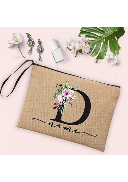 Gök Mavisi Tarzı Çiçek Ilk Harf Özel Ad Kozmetik Çantası Kadın Neceser Makyaj Çantası Keten Fermuar Kılıfı Seyahat Tuvalet Organizatör Mujer Bolsa (Yurt Dışından)