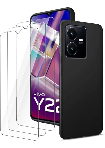 MTK Moveteck Vivo Y22S - Y35 Uyumlu Kılıf Silikon + 9h Tempereli Nano Cam 2'li Set Ekran Camı