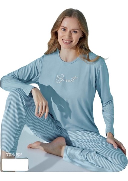 Kadın Yuvarlak Yaka Düğmesiz Mevsimlik Uzun Kol Pijama Takımı