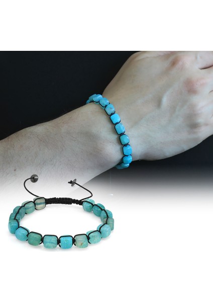 Makrome Örgülü Sıralı Küp Kesim Mavi Akik Doğaltaş Bileklik