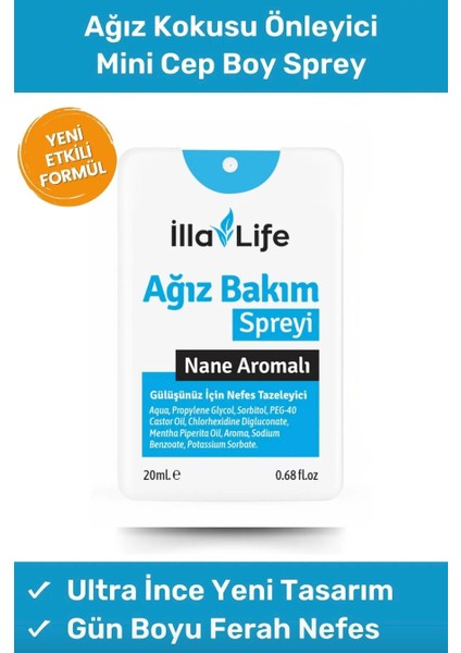 Illa Life Cep Boyu Ultra Ince Ağız Kokusu Önleyici Sprey Nane Aromalı Kolay Taşınabilir Mini Cep Spreyi 20 Ml