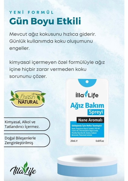 Illa Life Cep Boyu Ultra Ince Ağız Kokusu Önleyici Sprey Nane Aromalı Kolay Taşınabilir Mini Cep Spreyi 20 Ml