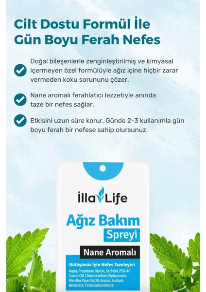 Illa Life Cep Boyu Ultra Ince Ağız Kokusu Önleyici Sprey Nane Aromalı Kolay Taşınabilir Mini Cep Spreyi 20 Ml