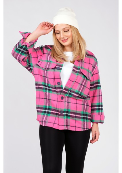 Kadın Çift Cep Kareli Oduncu Gömlek Fuşya