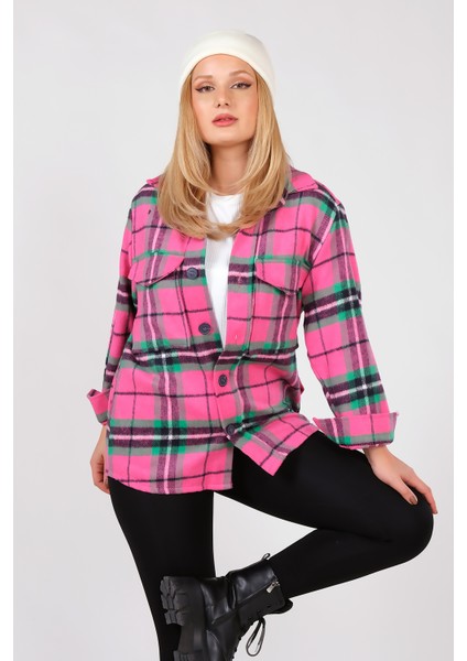 Kadın Çift Cep Kareli Oduncu Gömlek Fuşya modelleri