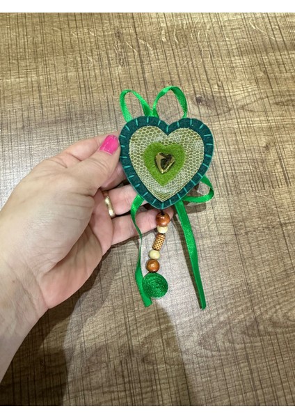 6x7 cm Deri Yeşil Kalp Püsküllü Broş Yaka Iğnesi Türban Iğnesi