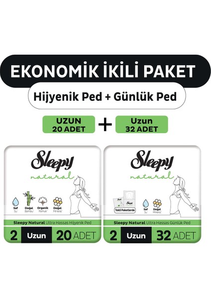 Ekonomik Ikili Paket (Natural Ultra Hassas Hijyenik Ped Uzun 20'Li + Günlük Ped Normal 32'Li)