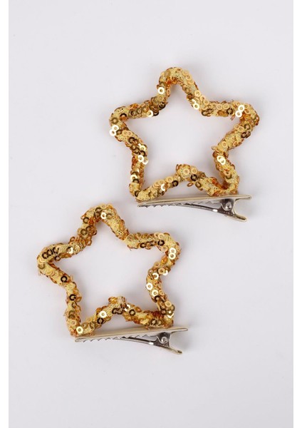 Altın Payetli Yıldız İkili Kız Çocuk Klips Toka