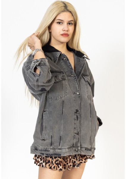 Gri Kapüşonlu Eskitme Jean Ceket Oversize Kot Ceket Jean Mont indirimleri
