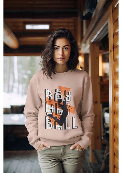 Basketball Baskılı Tarz Kadın Bisiklet Yaka Sweatshirt
