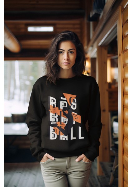Basketball Baskılı Tarz Kadın Bisiklet Yaka Sweatshirt