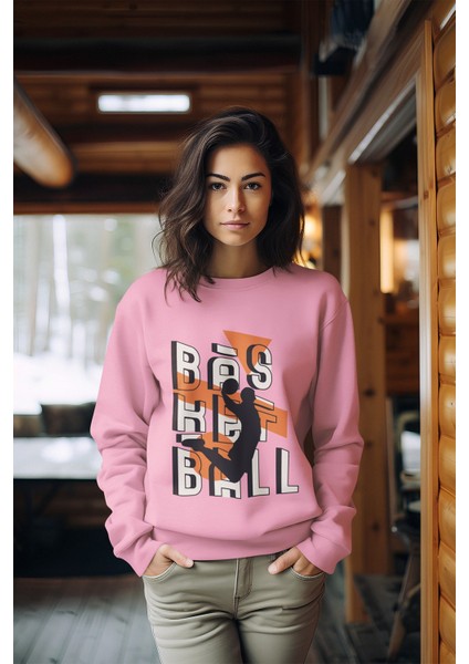 Basketball Baskılı Tarz Kadın Bisiklet Yaka Sweatshirt