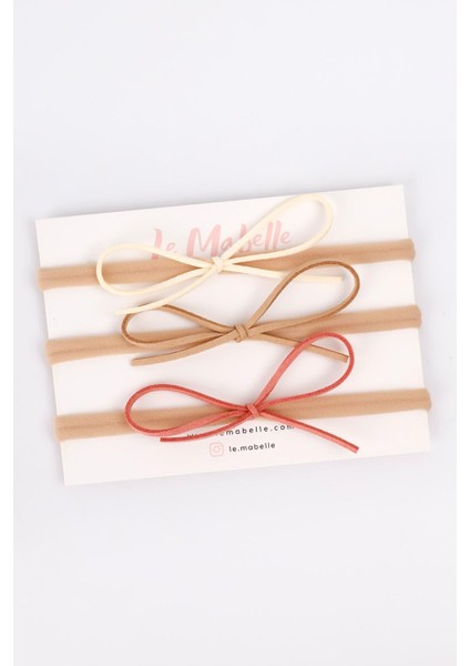 Ekru-Bej-Gülkuru Deri Fiyonk 3'lü Kız Çocuk Saç Bandı Set