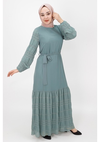 3041 Şifon Kumaş Kol Garnili Elbise