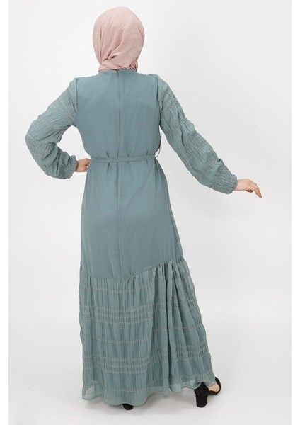 3041 Şifon Kumaş Kol Garnili Elbise